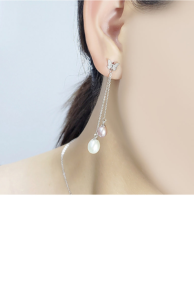 925 Sterling Silver Fashion and Elegant Butterfly Freshwater Pearl Tassel Earrings with Cubic Zirconia - Luxurious Look