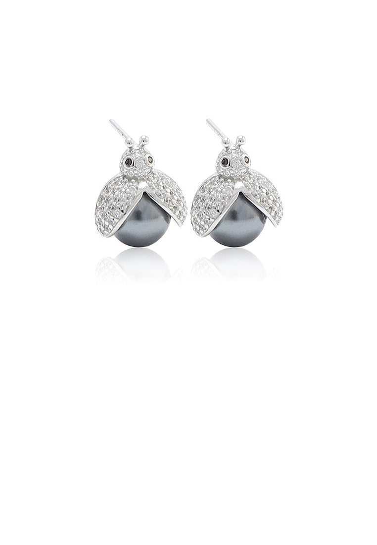 925 Sterling Silver Simple Cute Bee Black Freshwater Pearl Stud Earrings with Cubic Zirconia - Luxurious Look
