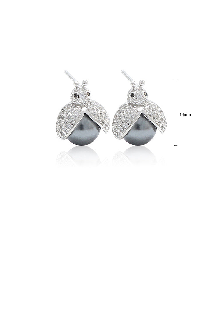 925 Sterling Silver Simple Cute Bee Black Freshwater Pearl Stud Earrings with Cubic Zirconia - Luxurious Look