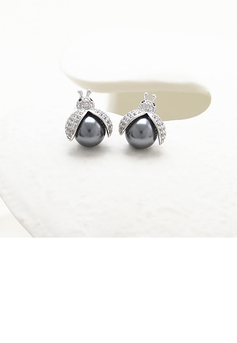 925 Sterling Silver Simple Cute Bee Black Freshwater Pearl Stud Earrings with Cubic Zirconia - Luxurious Look