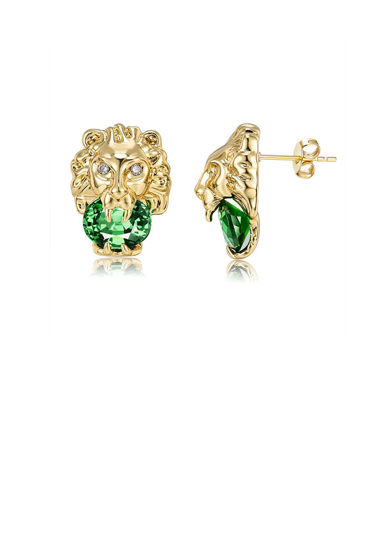 Fashion and Elegant Plated Gold Lion Stud Earrings with Green Cubic Zirconia - Luxurious Look
