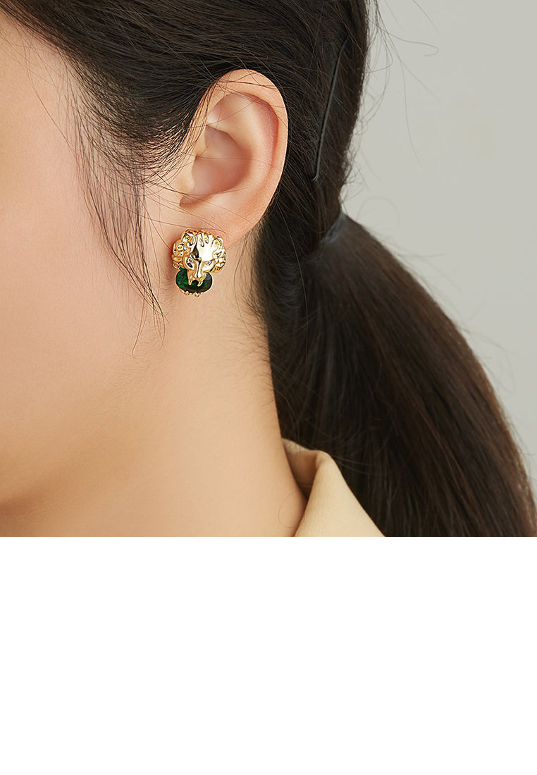 Fashion and Elegant Plated Gold Lion Stud Earrings with Green Cubic Zirconia - Luxurious Look