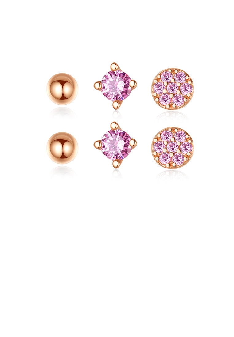 925 Sterling Silver Plated Rose Gold Simple and Delicate Geometric Round Stud Earrings with Pink Cubic Zirconia - Luxurious Look - Vibrant Color