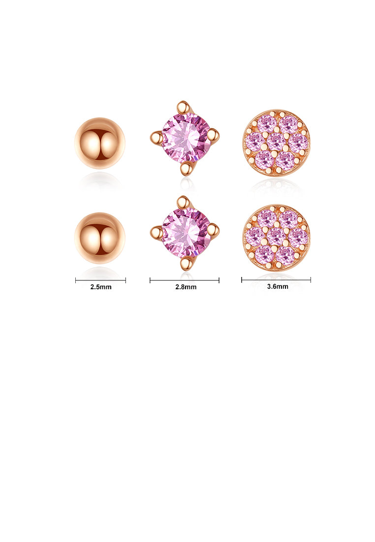 925 Sterling Silver Plated Rose Gold Simple and Delicate Geometric Round Stud Earrings with Pink Cubic Zirconia - Luxurious Look - Vibrant Color