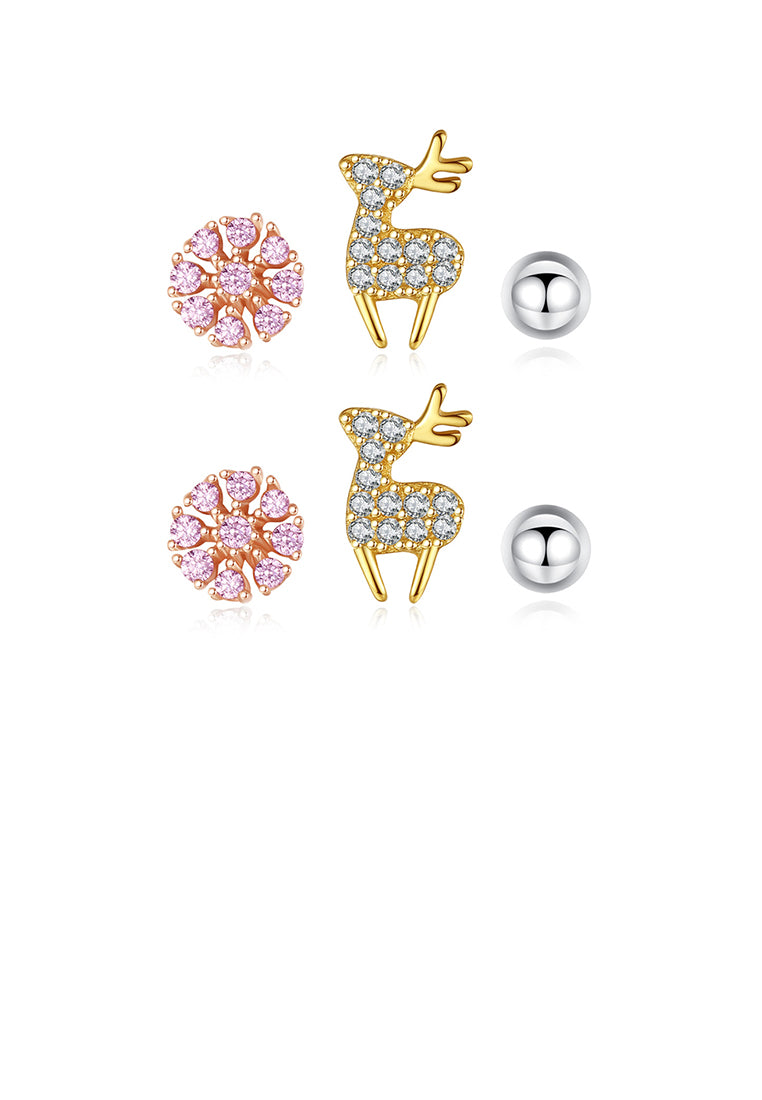 925 Sterling Silver Simple Cute Deer Snowflake Imitation Pearl Three-piece Stud Earrings with Cubic Zirconia - Luxurious Look
