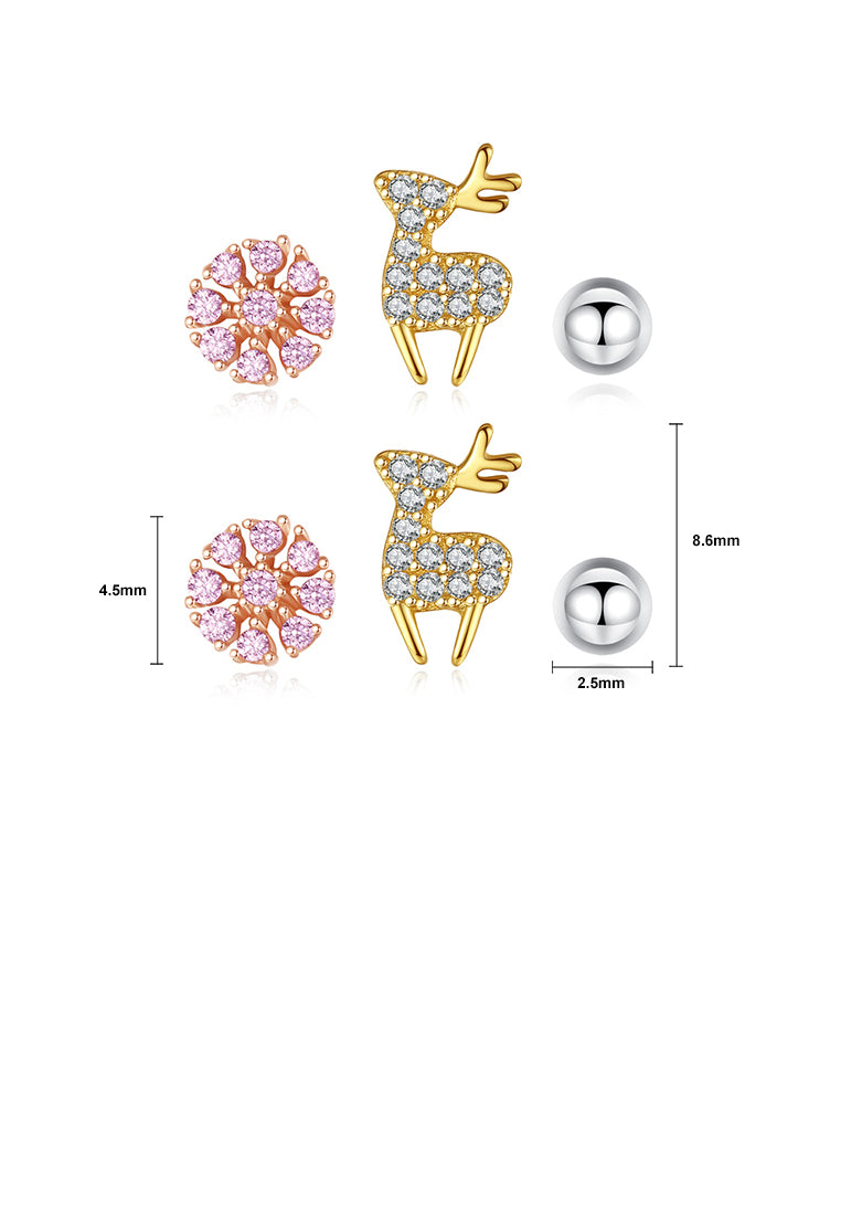 925 Sterling Silver Simple Cute Deer Snowflake Imitation Pearl Three-piece Stud Earrings with Cubic Zirconia - Luxurious Look