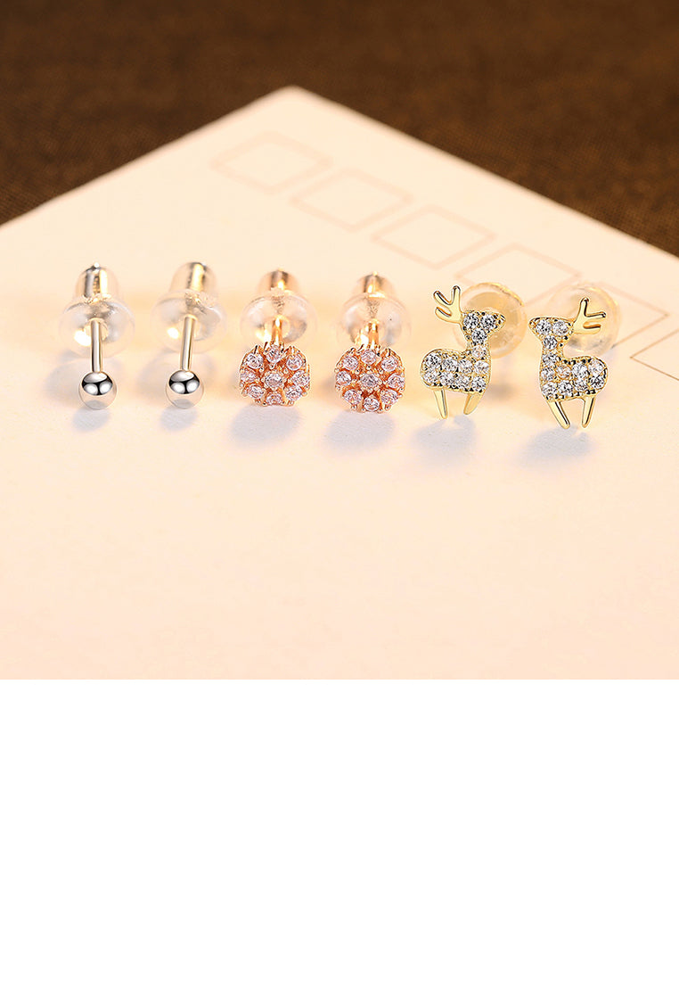 925 Sterling Silver Simple Cute Deer Snowflake Imitation Pearl Three-piece Stud Earrings with Cubic Zirconia - Luxurious Look