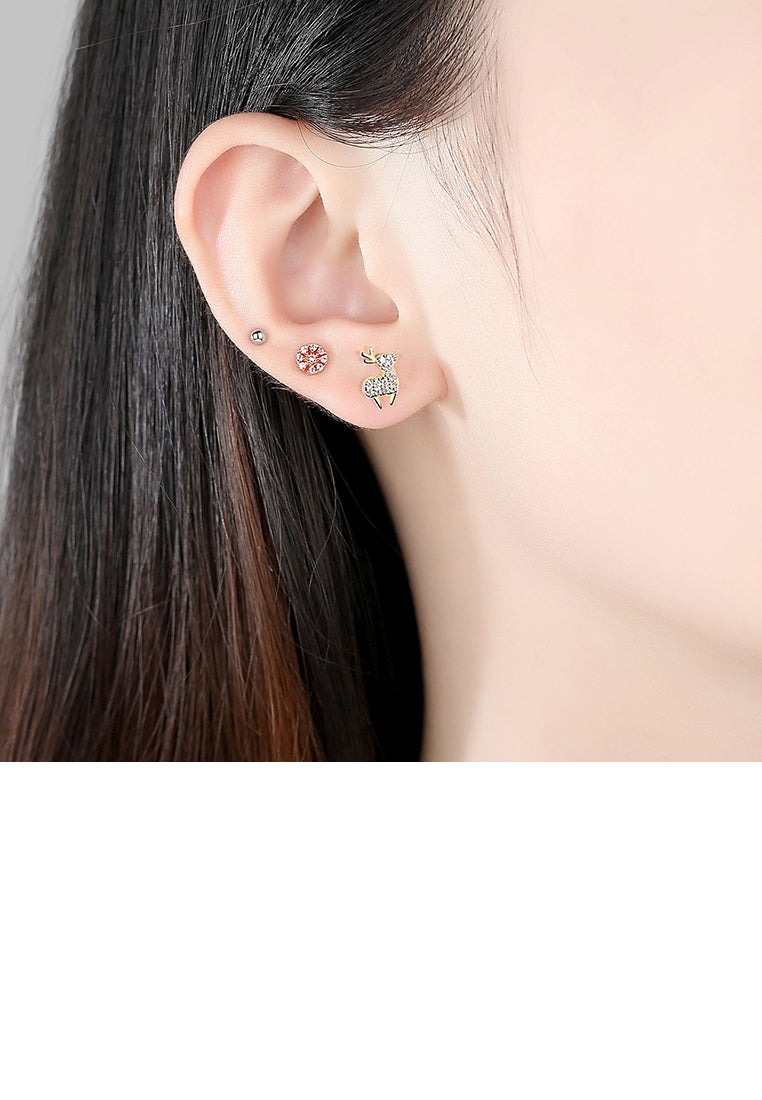 925 Sterling Silver Simple Cute Deer Snowflake Imitation Pearl Three-piece Stud Earrings with Cubic Zirconia - Luxurious Look