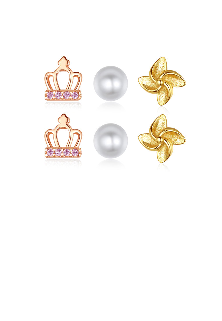 925 Sterling Silver Fashion Simple Crown Flower Imitation Pearl Three-piece Stud Earrings with Pink Cubic Zirconia - Luxurious Look - Vibrant Color