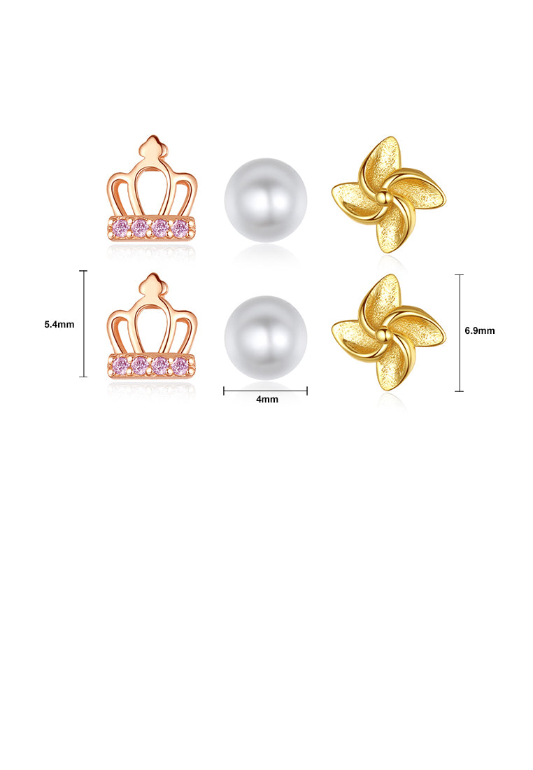 925 Sterling Silver Fashion Simple Crown Flower Imitation Pearl Three-piece Stud Earrings with Pink Cubic Zirconia - Luxurious Look - Vibrant Color