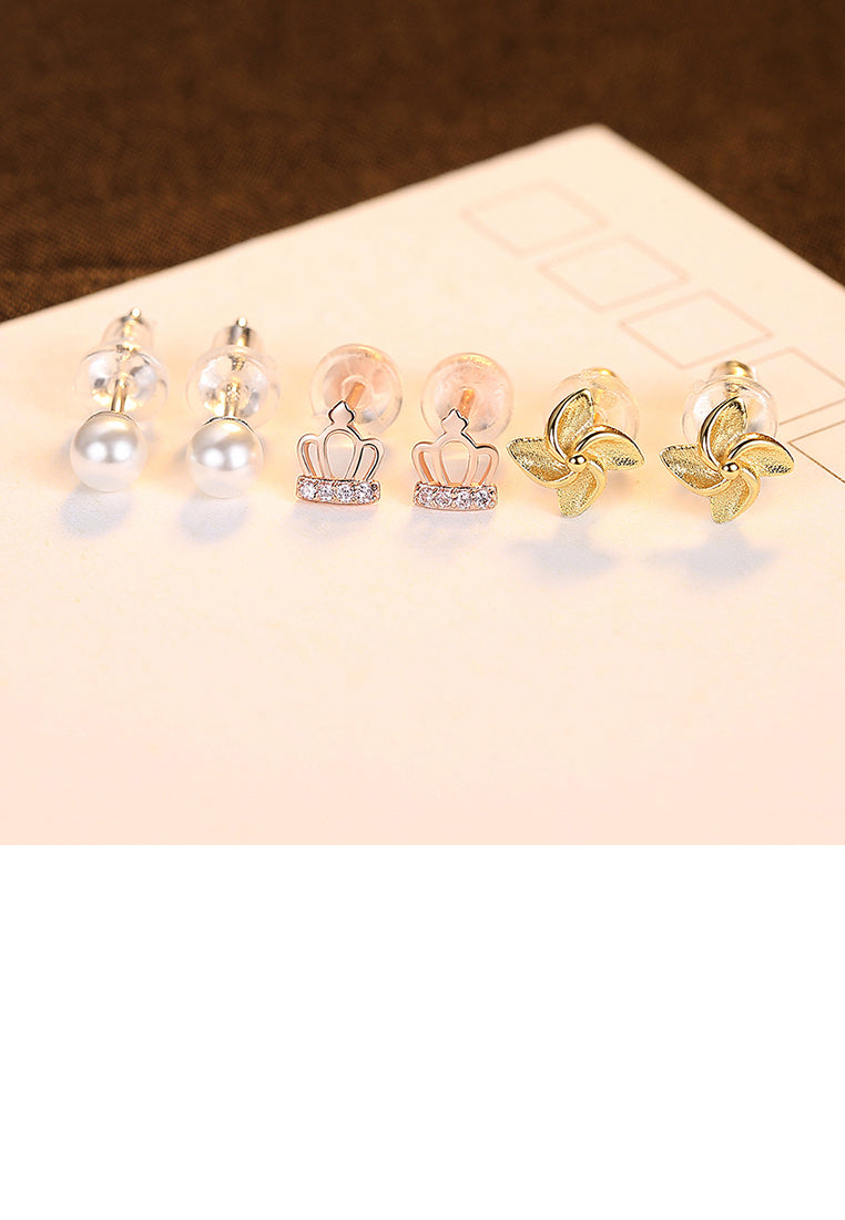 925 Sterling Silver Fashion Simple Crown Flower Imitation Pearl Three-piece Stud Earrings with Pink Cubic Zirconia - Luxurious Look - Vibrant Color