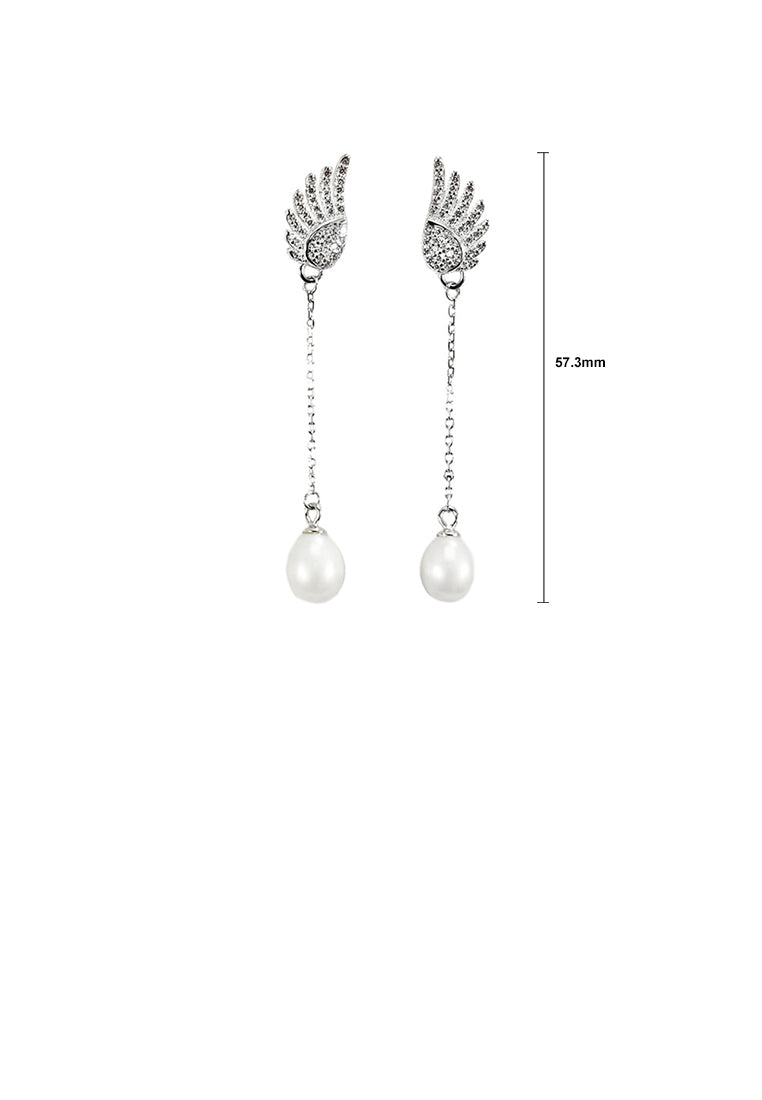 925 Sterling Silver Fashion Simple Angel Wings Freshwater Pearl Tassel Earrings - Luxurious Look