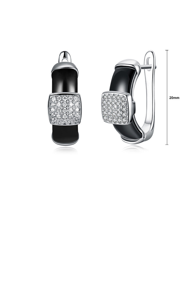 925 Sterling Silver Fashion Elegant Geometric Square Black Ceramic Earrings with Cubic Zircon