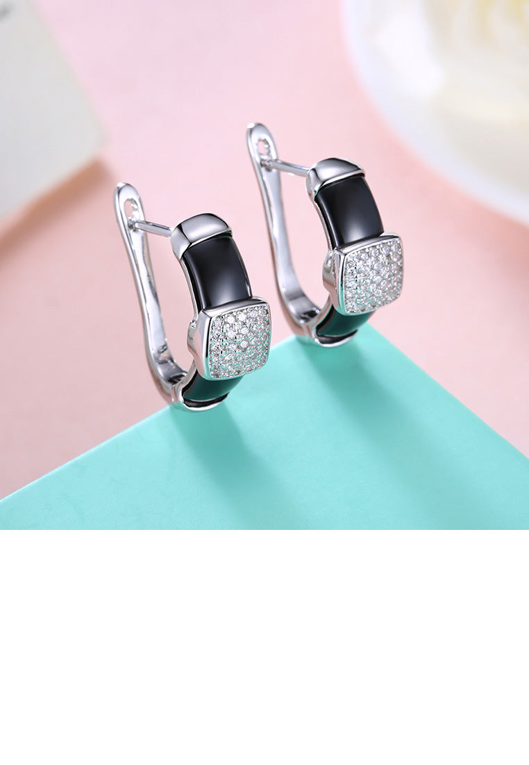 925 Sterling Silver Fashion Elegant Geometric Square Black Ceramic Earrings with Cubic Zircon
