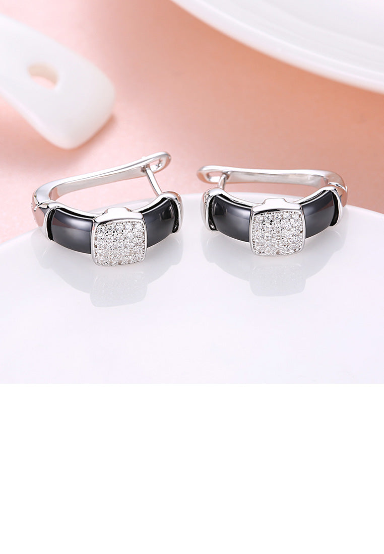 925 Sterling Silver Fashion Elegant Geometric Square Black Ceramic Earrings with Cubic Zircon