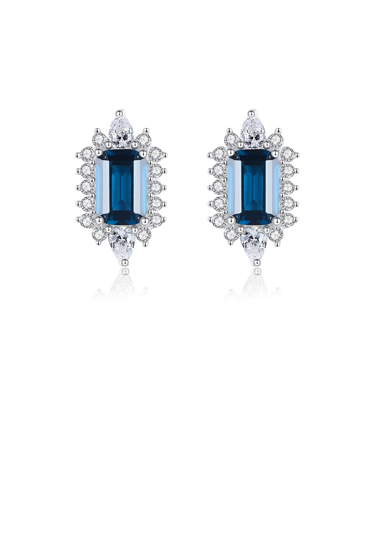 925 Sterling Silver Fashion and Elegant Geometric Stud Earrings with Blue Cubic Zirconia - Luxurious Look