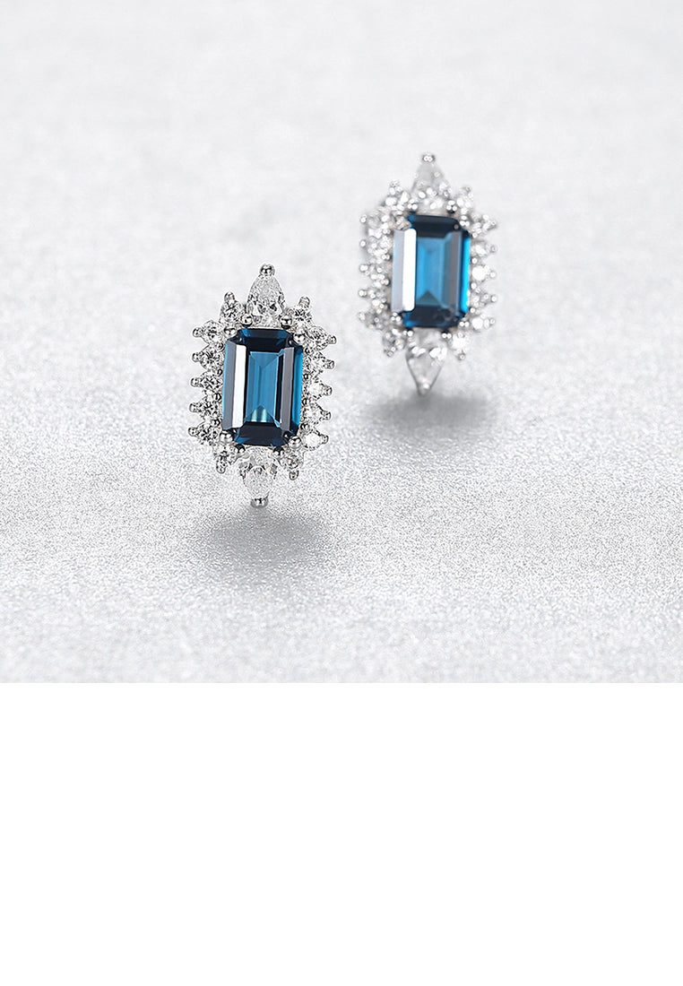 925 Sterling Silver Fashion and Elegant Geometric Stud Earrings with Blue Cubic Zirconia - Luxurious Look