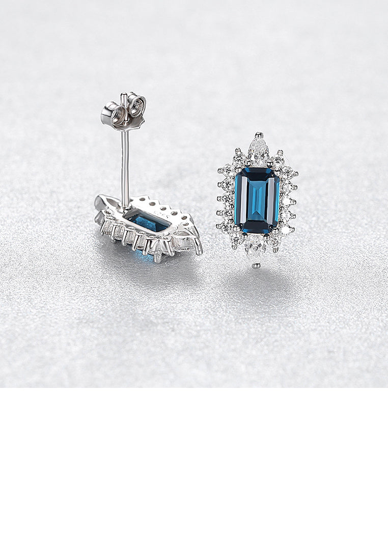 925 Sterling Silver Fashion and Elegant Geometric Stud Earrings with Blue Cubic Zirconia - Luxurious Look
