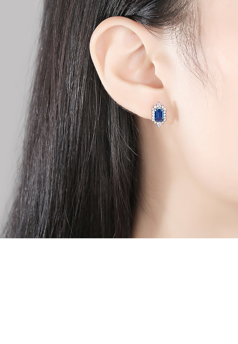925 Sterling Silver Fashion and Elegant Geometric Stud Earrings with Blue Cubic Zirconia - Luxurious Look