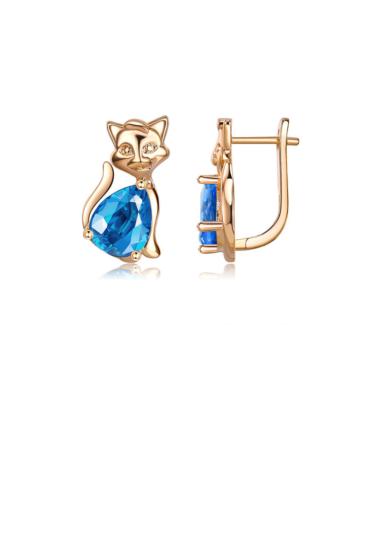 Simple and Cute Plated Champagne Gold Cat Stud Earrings with Blue Cubic Zirconia - Luxurious Look
