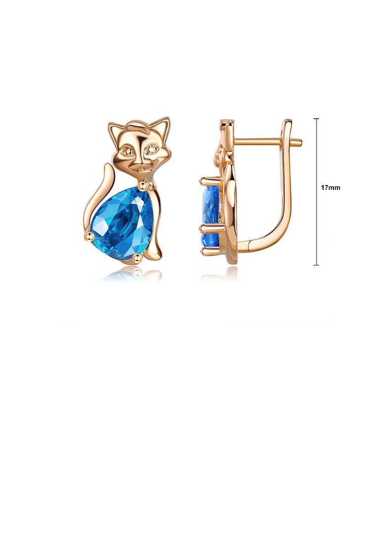 Simple and Cute Plated Champagne Gold Cat Stud Earrings with Blue Cubic Zirconia - Luxurious Look