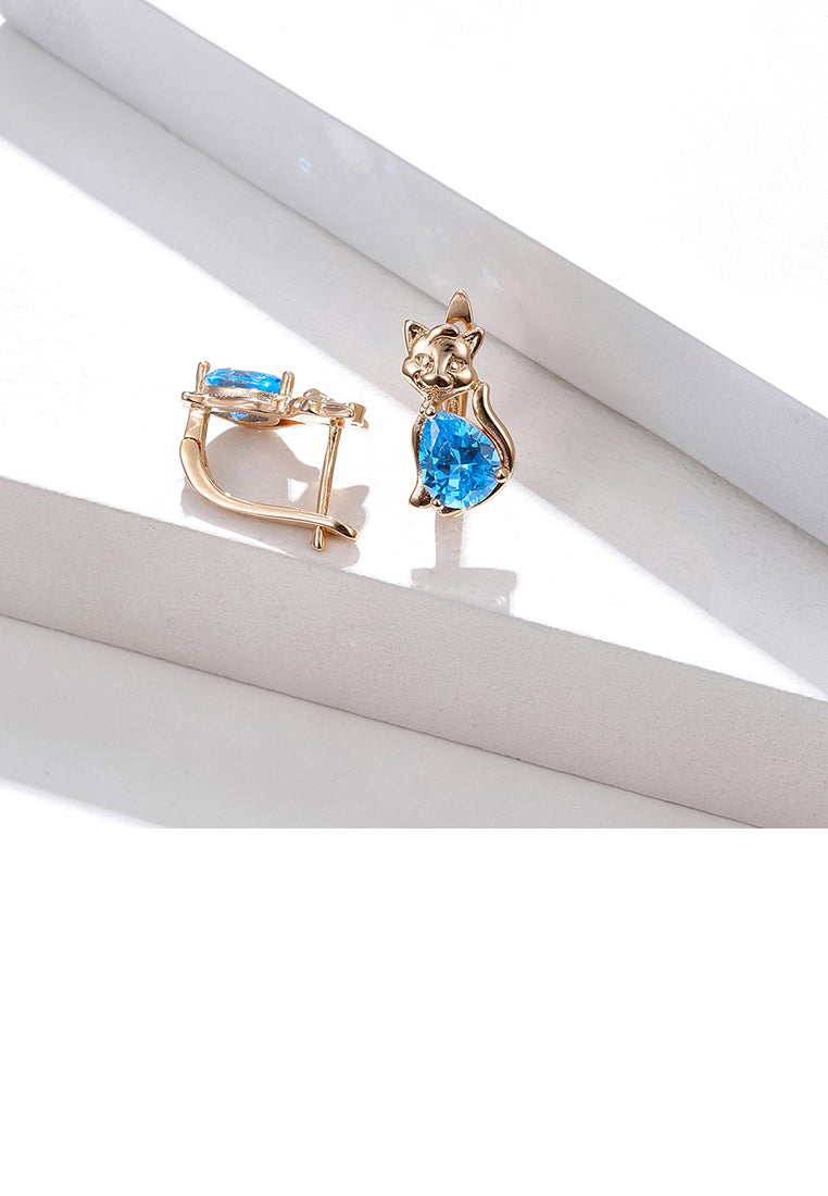 Simple and Cute Plated Champagne Gold Cat Stud Earrings with Blue Cubic Zirconia - Luxurious Look