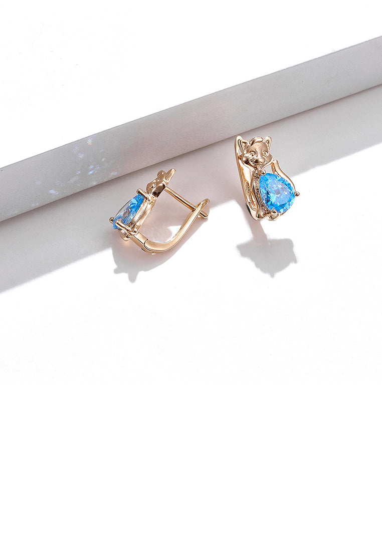Simple and Cute Plated Champagne Gold Cat Stud Earrings with Blue Cubic Zirconia - Luxurious Look
