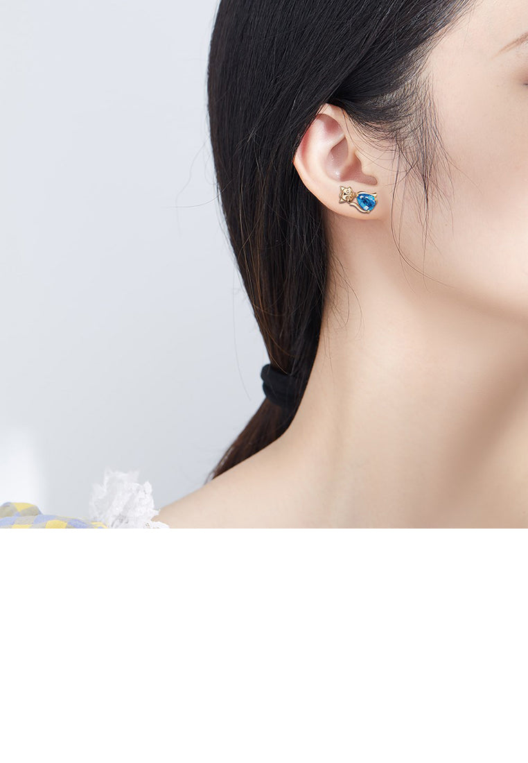 Simple and Cute Plated Champagne Gold Cat Stud Earrings with Blue Cubic Zirconia - Luxurious Look