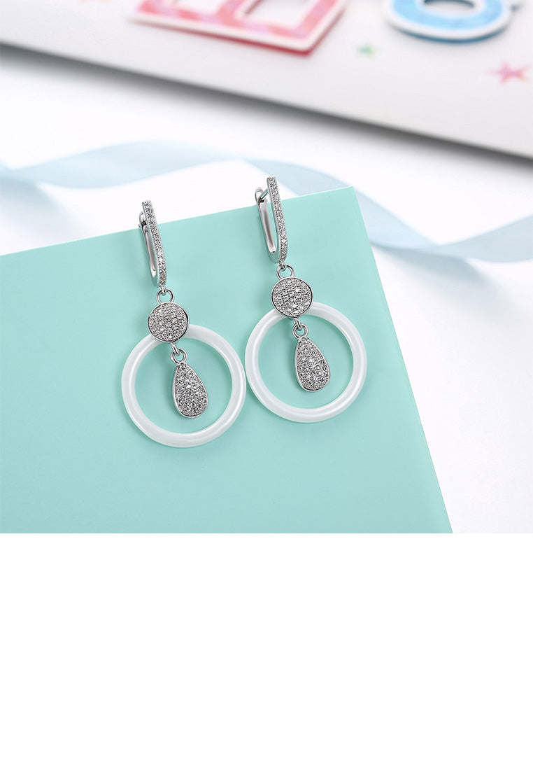 925 Sterling Silver Fashion Elegant Geometric White Ceramic Earrings with Cubic Zircon