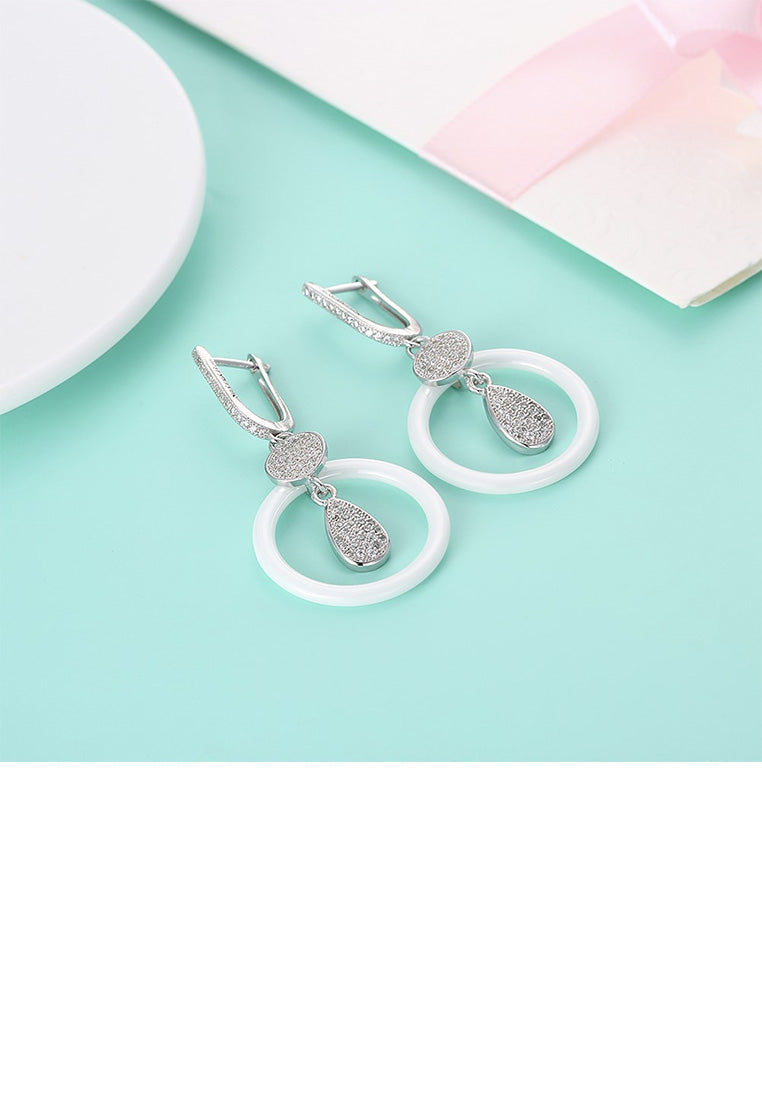 925 Sterling Silver Fashion Elegant Geometric White Ceramic Earrings with Cubic Zircon