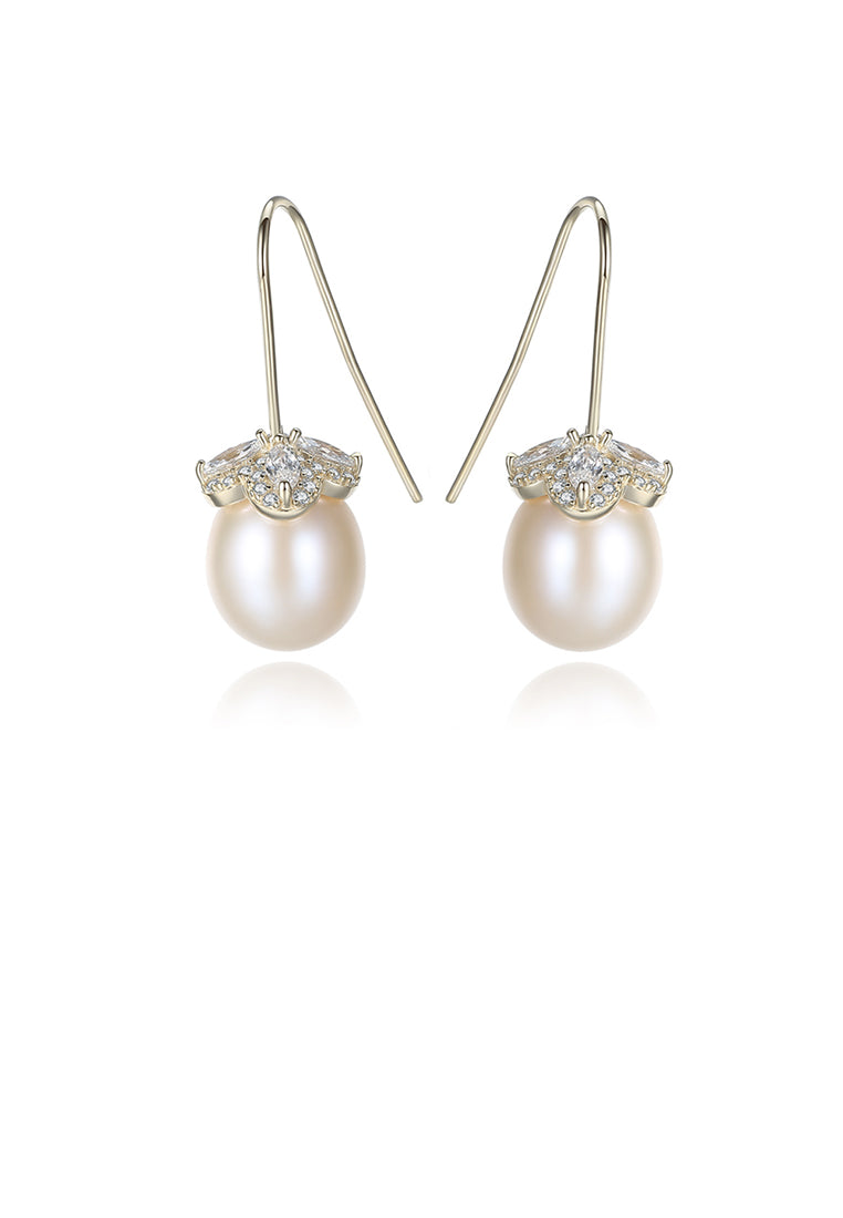 925 Sterling Silver Plated Gold Simple Fashion Flower White Freshwater Pearl Earrings with Cubic Zirconia - Luxurious Look