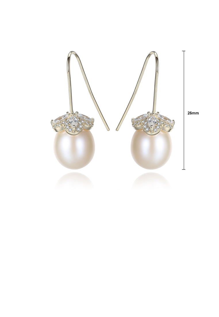 925 Sterling Silver Plated Gold Simple Fashion Flower White Freshwater Pearl Earrings with Cubic Zirconia - Luxurious Look