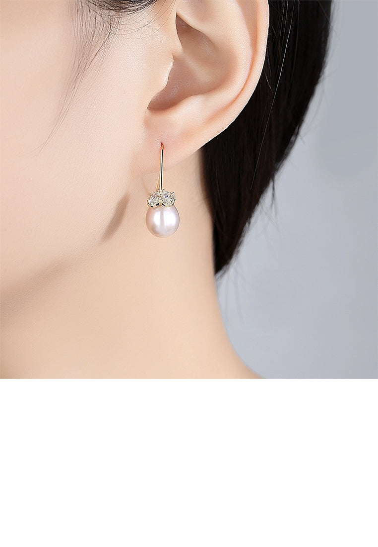 925 Sterling Silver Plated Gold Simple Fashion Flower White Freshwater Pearl Earrings with Cubic Zirconia - Luxurious Look