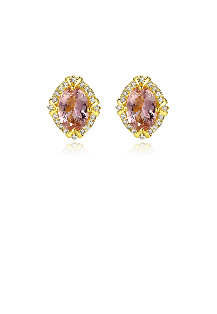 925 Sterling Silver Plated Gold Fashion Elegant Geometric Oval Brown Cubic Zirconia Stud Earrings - Luxurious Look - Vibrant Color
