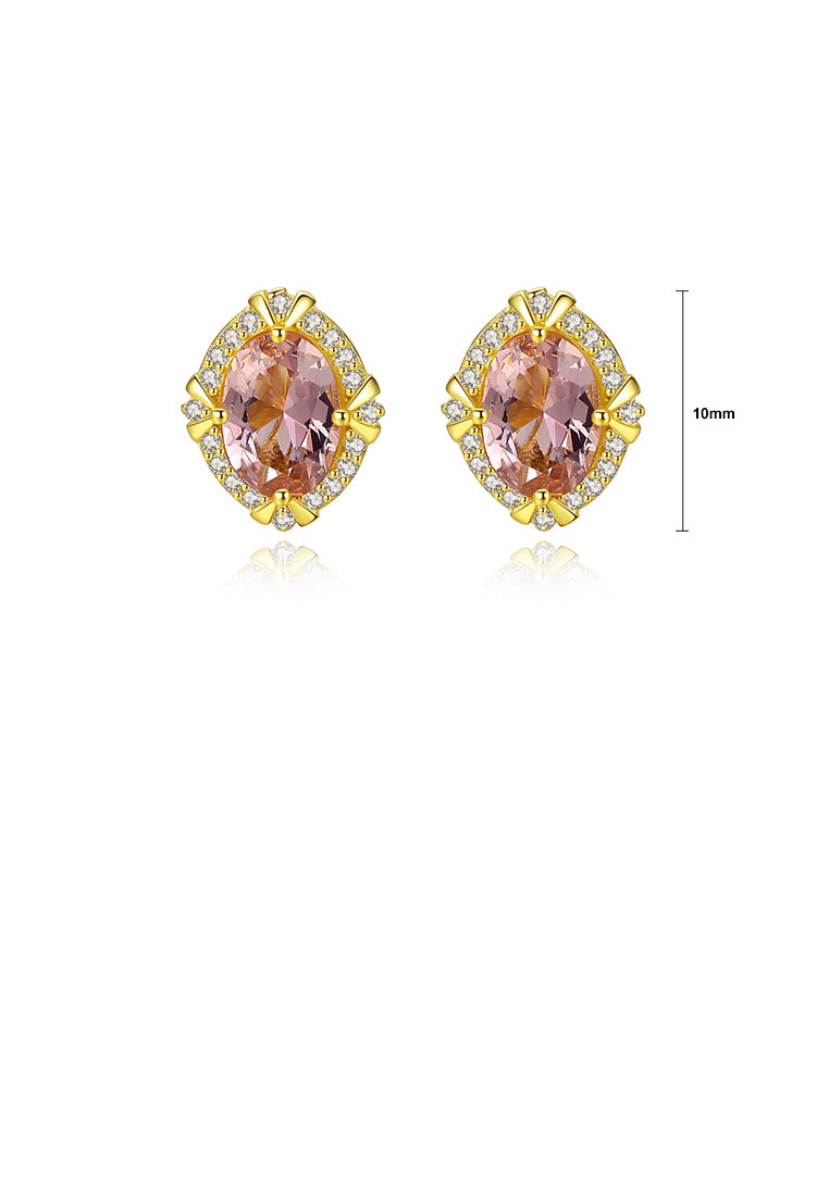 925 Sterling Silver Plated Gold Fashion Elegant Geometric Oval Brown Cubic Zirconia Stud Earrings - Luxurious Look - Vibrant Color