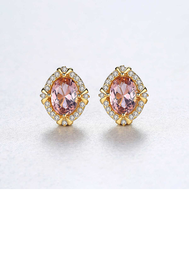 925 Sterling Silver Plated Gold Fashion Elegant Geometric Oval Brown Cubic Zirconia Stud Earrings - Luxurious Look - Vibrant Color