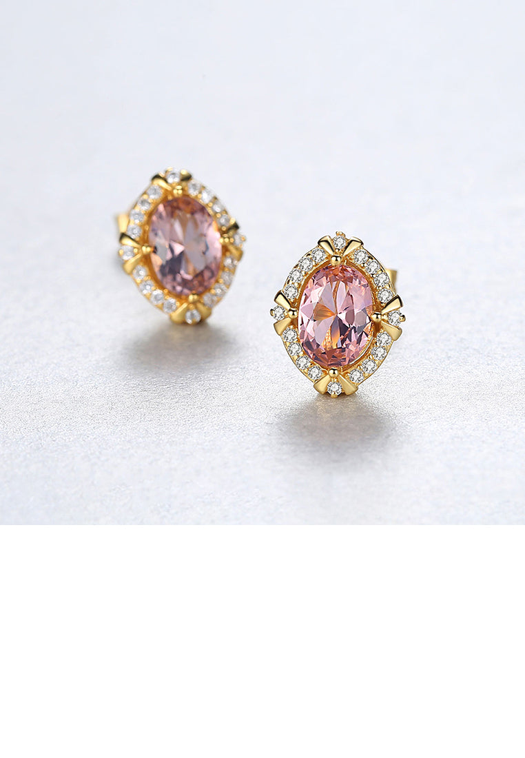 925 Sterling Silver Plated Gold Fashion Elegant Geometric Oval Brown Cubic Zirconia Stud Earrings - Luxurious Look - Vibrant Color