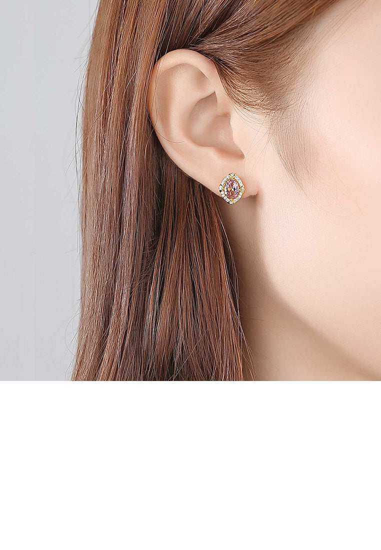 925 Sterling Silver Plated Gold Fashion Elegant Geometric Oval Brown Cubic Zirconia Stud Earrings - Luxurious Look - Vibrant Color