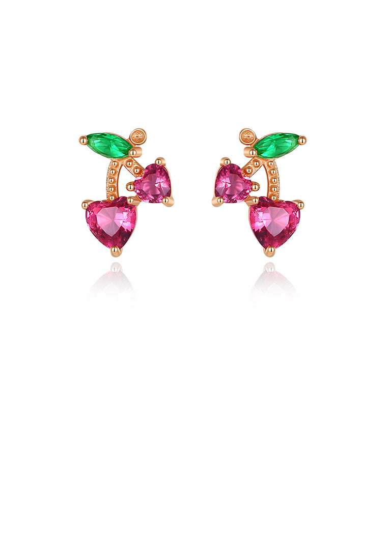 925 Sterling Silver Plated Rose Gold Simple Cute Cherry Stud Earrings with Pink Cubic Zirconia - Luxurious Look - Vibrant Color