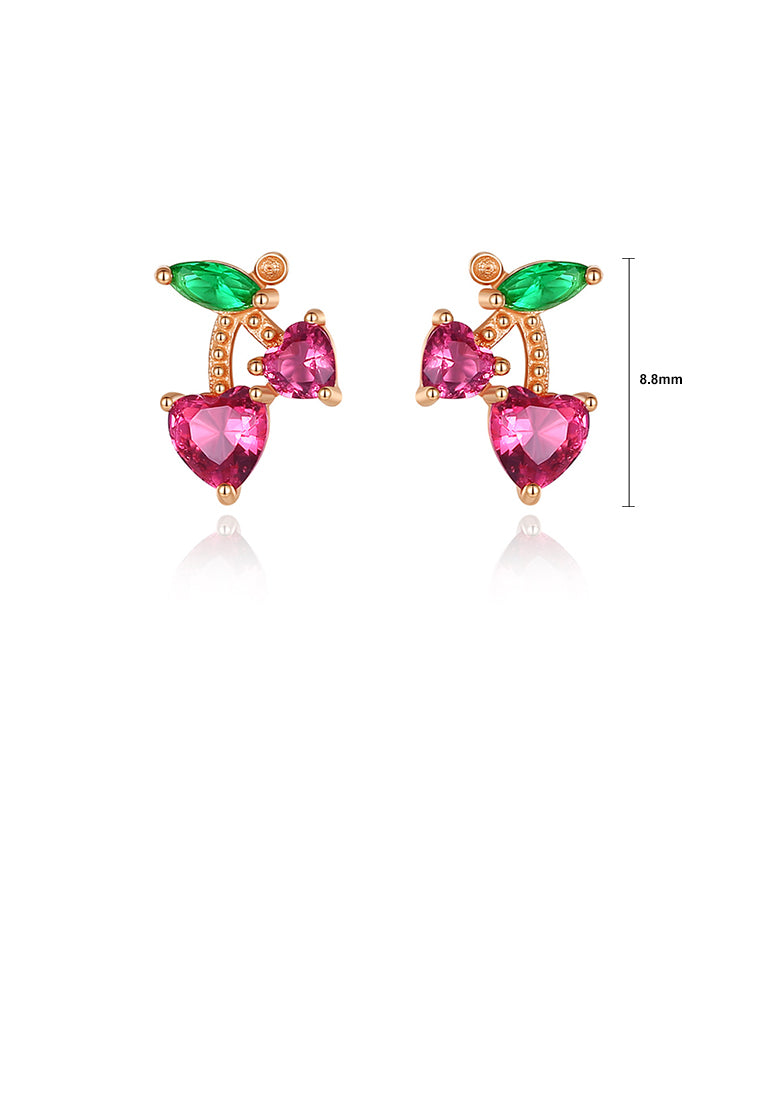 925 Sterling Silver Plated Rose Gold Simple Cute Cherry Stud Earrings with Pink Cubic Zirconia - Luxurious Look - Vibrant Color