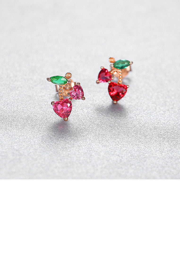 925 Sterling Silver Plated Rose Gold Simple Cute Cherry Stud Earrings with Pink Cubic Zirconia - Luxurious Look - Vibrant Color