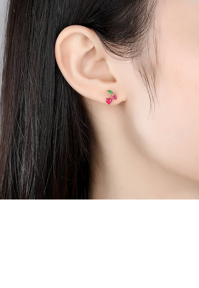 925 Sterling Silver Plated Rose Gold Simple Cute Cherry Stud Earrings with Pink Cubic Zirconia - Luxurious Look - Vibrant Color