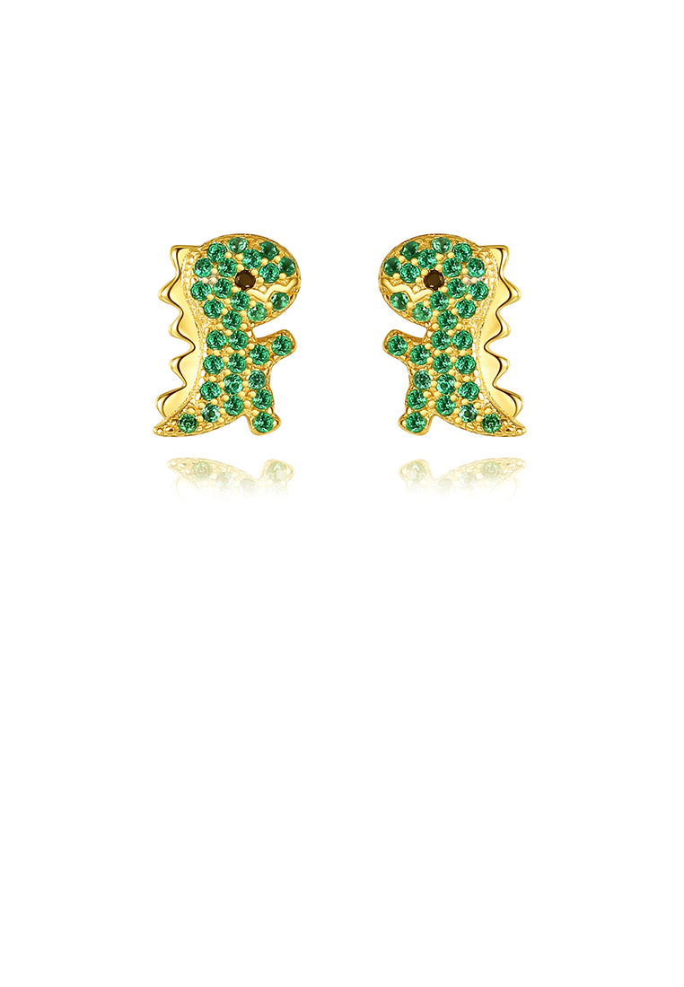 925 Sterling Silver Plated Gold Simple Cute Little Dinosaur Stud Earrings with Green Cubic Zirconia - Luxurious Look
