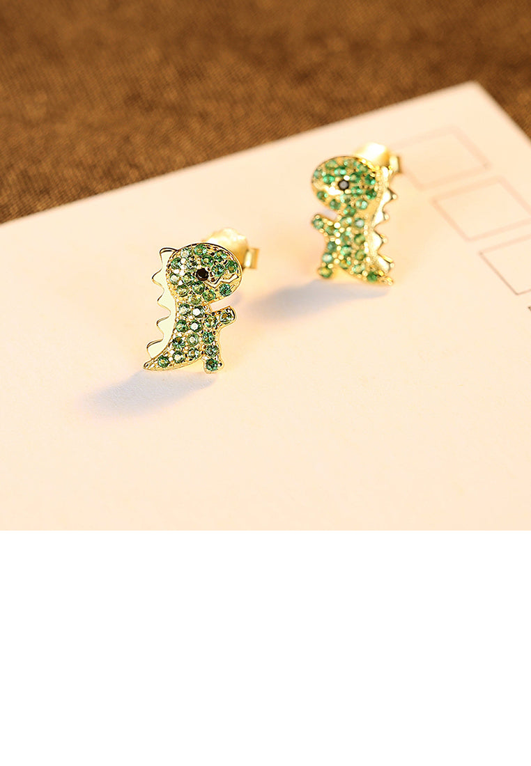 925 Sterling Silver Plated Gold Simple Cute Little Dinosaur Stud Earrings with Green Cubic Zirconia - Luxurious Look