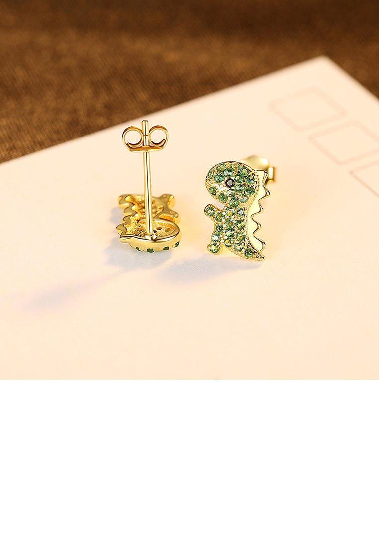 925 Sterling Silver Plated Gold Simple Cute Little Dinosaur Stud Earrings with Green Cubic Zirconia - Luxurious Look