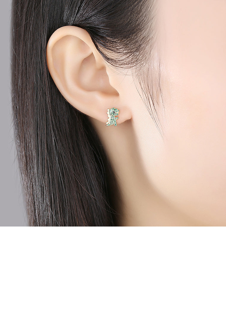 925 Sterling Silver Plated Gold Simple Cute Little Dinosaur Stud Earrings with Green Cubic Zirconia - Luxurious Look
