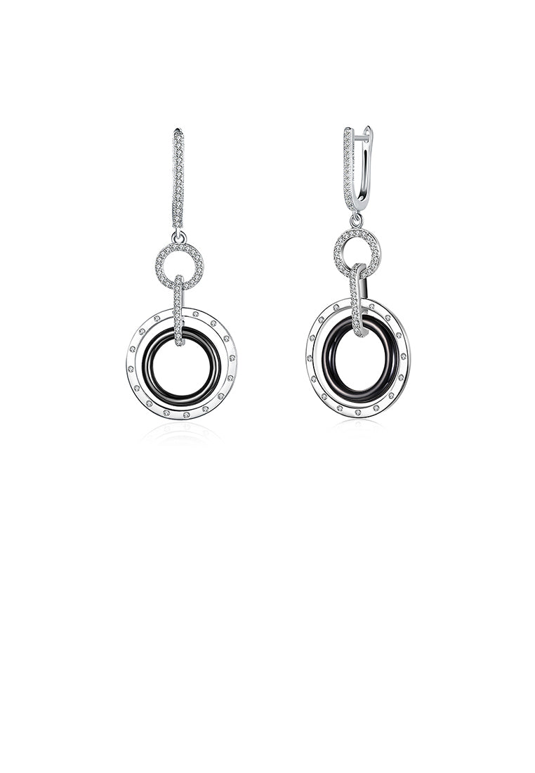 925 Sterling Silver Romantic Circle Black Ceramic Earrings with Austrian Element Crystal