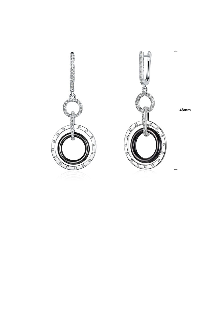 925 Sterling Silver Romantic Circle Black Ceramic Earrings with Austrian Element Crystal