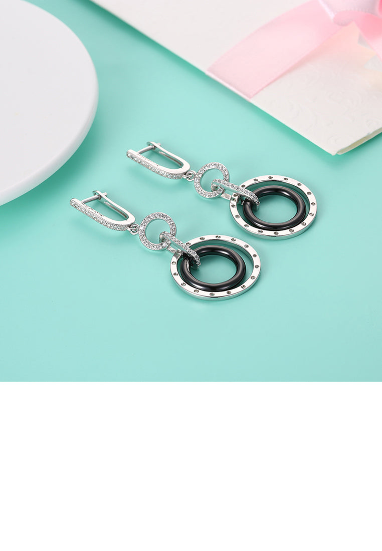 925 Sterling Silver Romantic Circle Black Ceramic Earrings with Austrian Element Crystal