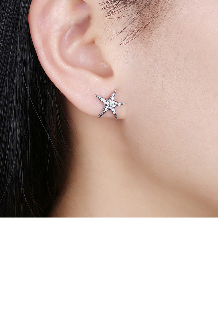 925 Sterling Silver Starfish Stud Earrings with Austrian Element Crystal